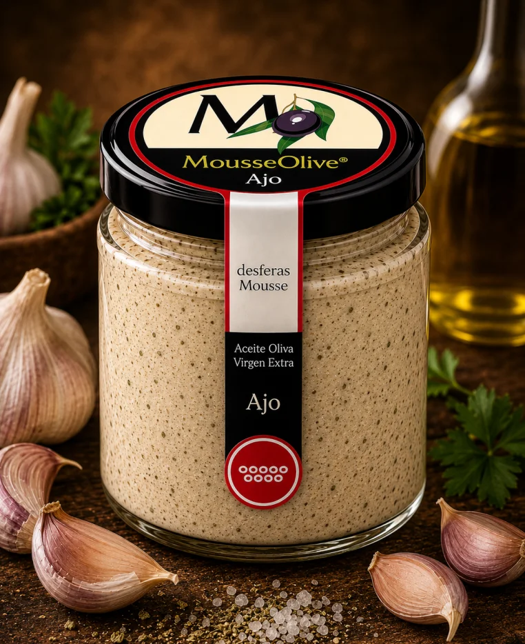 Tarro de MousseOlive Ajo sostenido en la mano, con cabezas de ajo alrededor