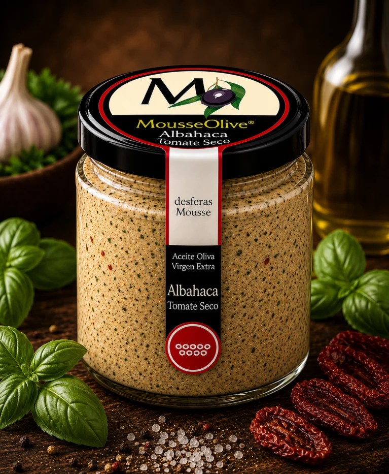 Tarro de MousseOlive Albahaca y Tomate Seco entre hojas de albahaca fresca y tomates secos