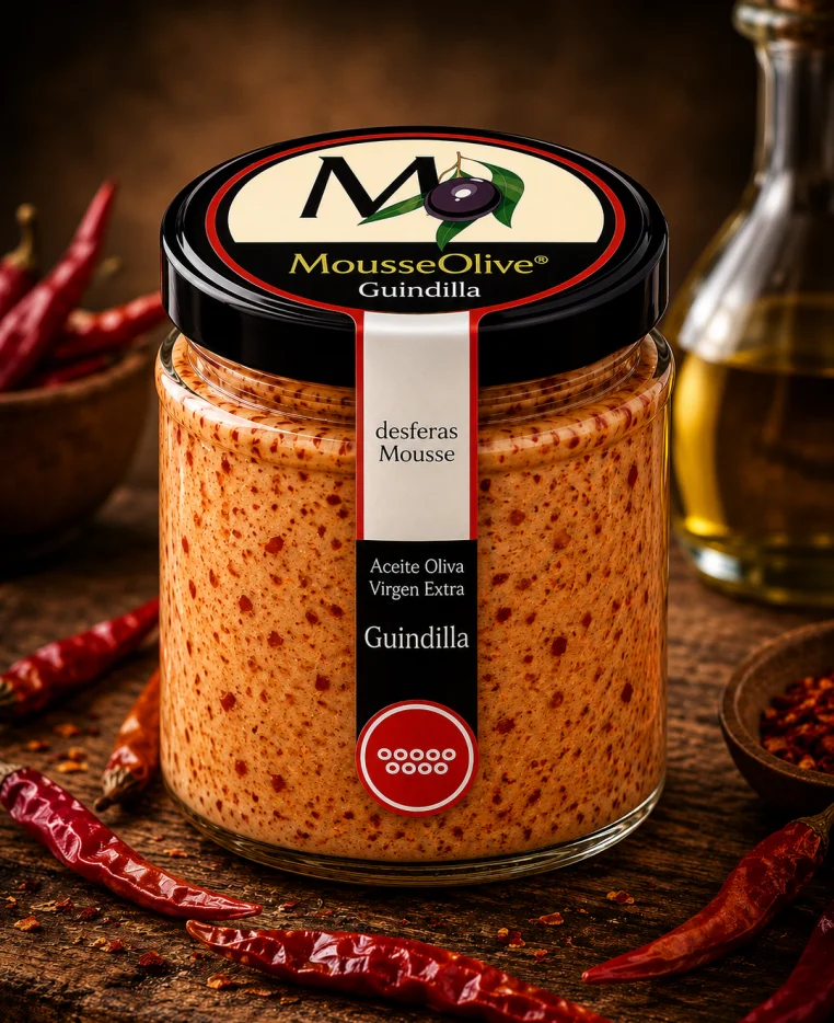 Tarro de MousseOlive Guindilla rodeado de guindillas secas