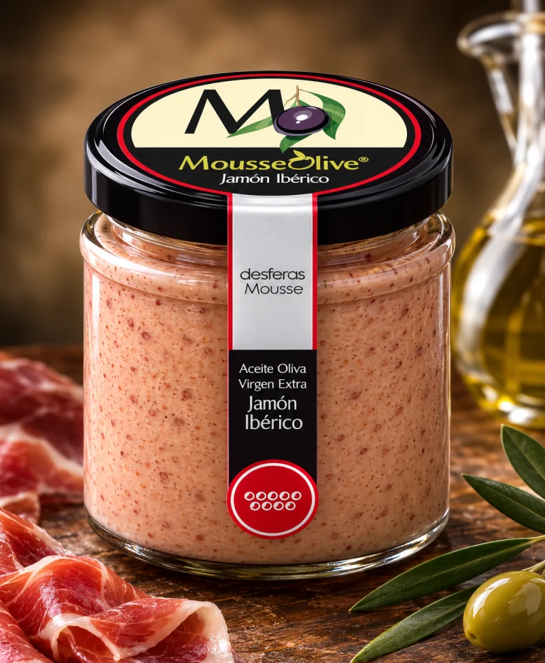 Tarro de MousseOlive Jamón Ibérico junto a lonchas de jamón y una aceituna