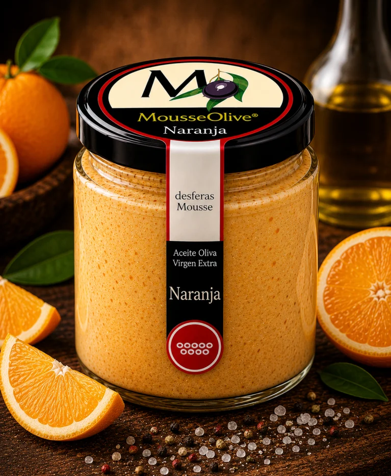 Tarro de MousseOlive Naranja rodeado de naranjas partidas