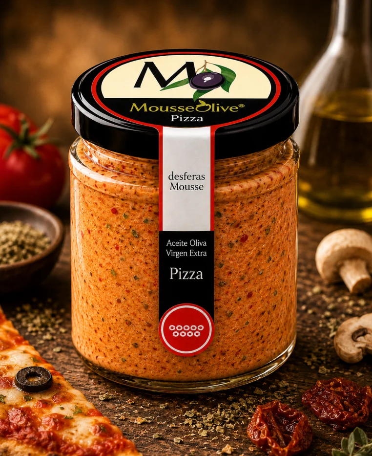 Tarro de MousseOlive Pizza junto a una porción de pizza, tomate y champiñones