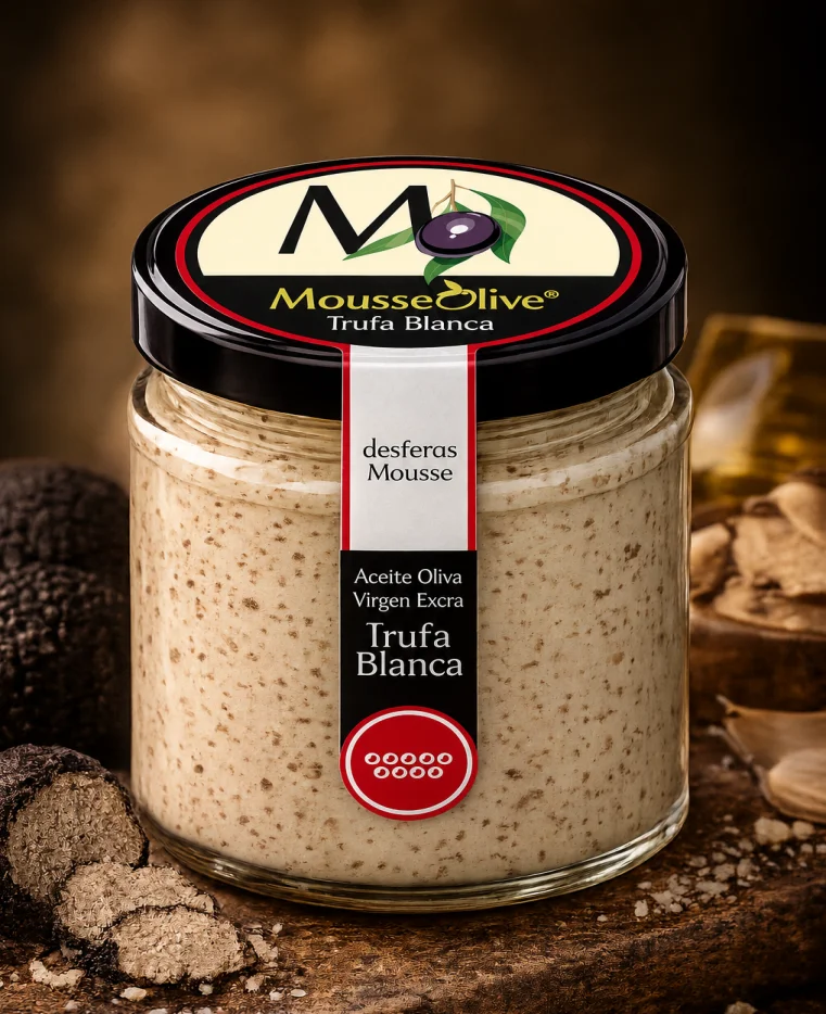 Tarro de MousseOlive Trufa Blanca junto a trufas enteras y láminas de trufa