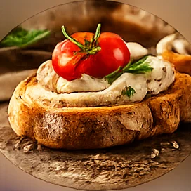 Canapé de pan con mousse, tomate y hierbas