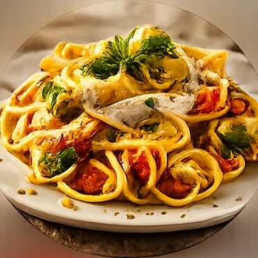 Plato de pasta terminado con mousse de AOVE